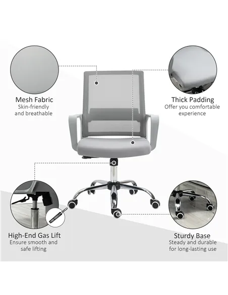 Vinsetto Ergonomic Desk Chair Mesh Office Chair with Adjustable Height Armrest and 360° Swivel Castor Wheels Grey