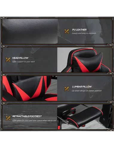 Vinsetto Computer Gaming Chair, Racing Desk Chair with Lumbar Support and Footrest, PU Leather Gamer Chair with Headrest and Swi