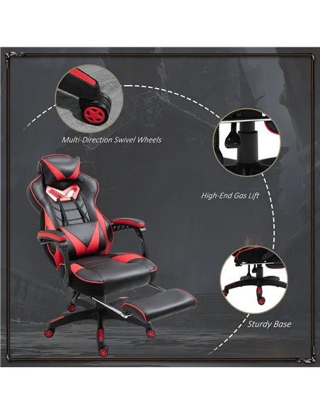 Vinsetto Computer Gaming Chair, Racing Desk Chair with Lumbar Support and Footrest, PU Leather Gamer Chair with Headrest and Swi