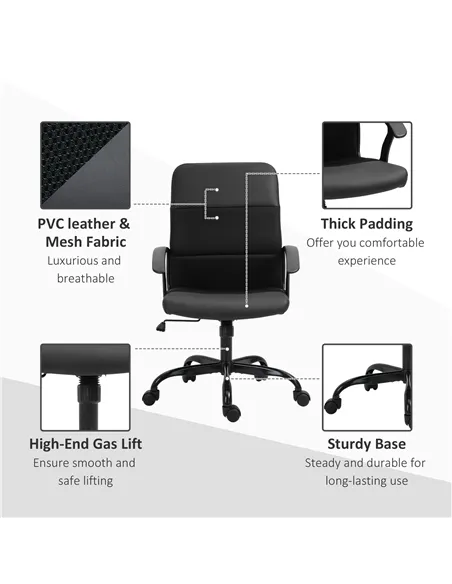Vinsetto Mesh Office Chair, Faux Leather Desk Chair with Swivel Wheels, Adjustable Height and Tilt Function, Black