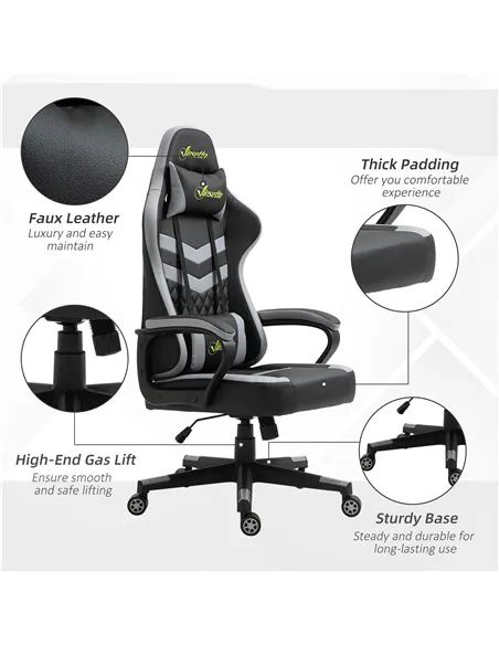 Vinsetto Gaming Chair, Computer Desk Chair with Lumbar Support, Faux Leather Racing Chair with Headrest and Swivel Wheels for Ho