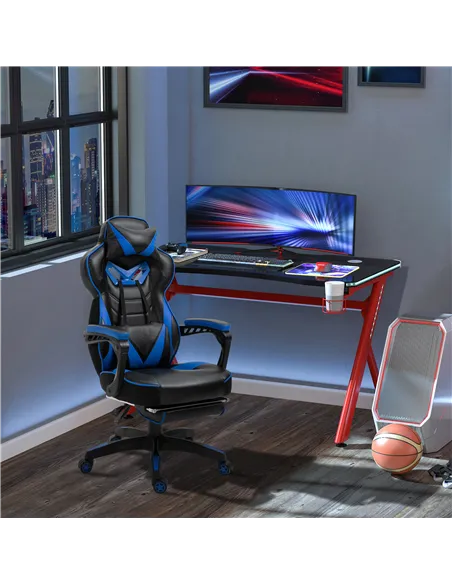 Vinsetto Faux Leather Reclining Gaming Chair, with Footrest - Blue/Black