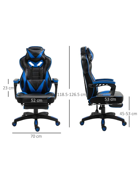 Vinsetto Faux Leather Reclining Gaming Chair, with Footrest - Blue/Black