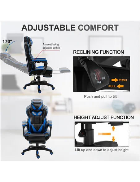 Vinsetto Faux Leather Reclining Gaming Chair, with Footrest - Blue/Black