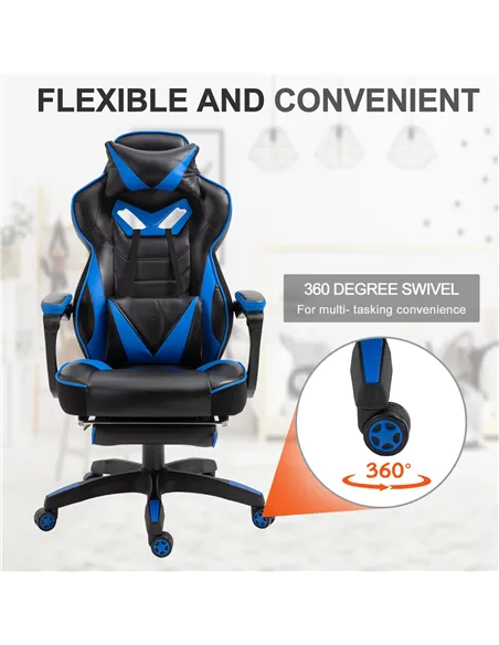 Vinsetto Faux Leather Reclining Gaming Chair, with Footrest - Blue/Black