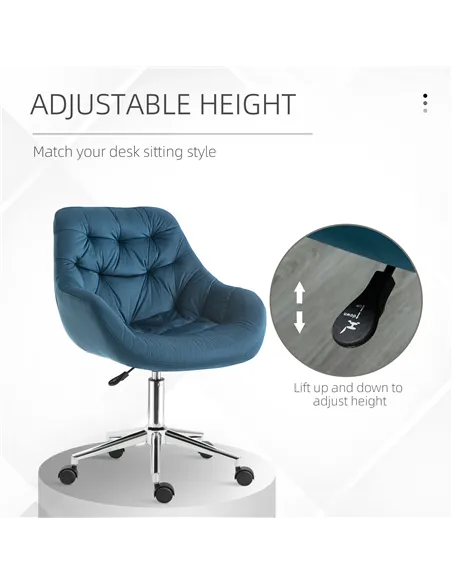 Vinsetto Home Office Chair Velvet Ergonomic Computer Chair Comfy Desk Chair with Adjustable Height, Arm and Back Support, Blue