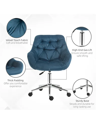 Vinsetto Home Office Chair Velvet Ergonomic Computer Chair Comfy Desk Chair with Adjustable Height, Arm and Back Support, Blue