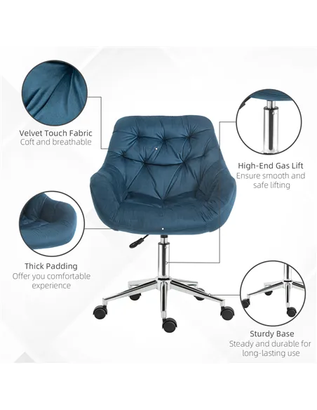 Vinsetto Home Office Chair Velvet Ergonomic Computer Chair Comfy Desk Chair with Adjustable Height, Arm and Back Support, Blue