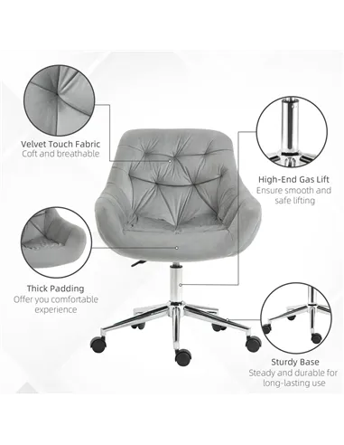 Vinsetto Home Office Chair Velvet Ergonomic Computer Chair Comfy Desk Chair with Adjustable Height, Arm and Back Support, Grey