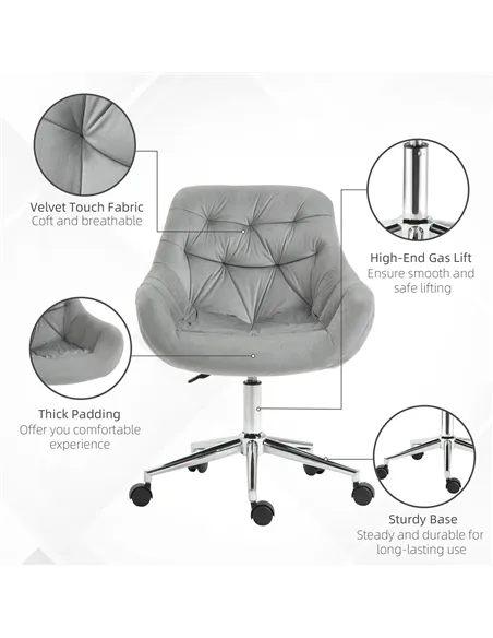 Vinsetto Home Office Chair Velvet Ergonomic Computer Chair Comfy Desk Chair with Adjustable Height, Arm and Back Support, Grey