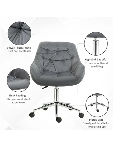 Vinsetto Home Office Chair Velvet Ergonomic Computer Chair Comfy Desk Chair with Adjustable Height, Arm and Back Support, Dark G