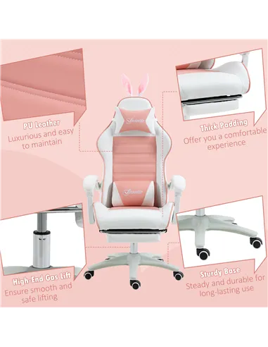 Vinsetto Racing Gaming Chair, Reclining PU Leather Computer Chair with Removable Rabbit Ears, Footrest, Headrest and Lumber Supp