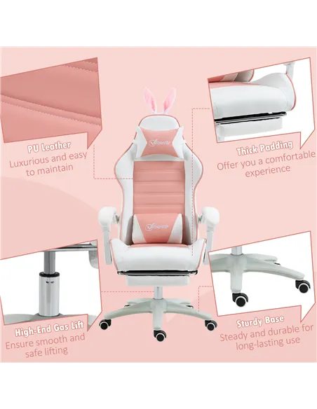 Vinsetto Racing Gaming Chair, Reclining PU Leather Computer Chair with Removable Rabbit Ears, Footrest, Headrest and Lumber Supp