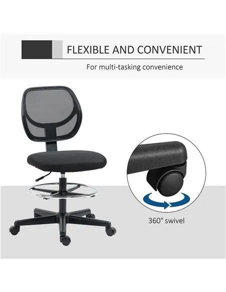 Vinsetto Ergonomic Mesh Standing Desk Chair with Adjustable Footrest Ring and Seat Height Black