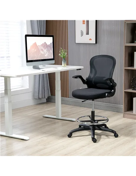 Vinsetto Adjustable Mesh Standing Desk Chair with Flip-up Armrests Lumbar Support Armrests Adjustable Footrest Ring Black