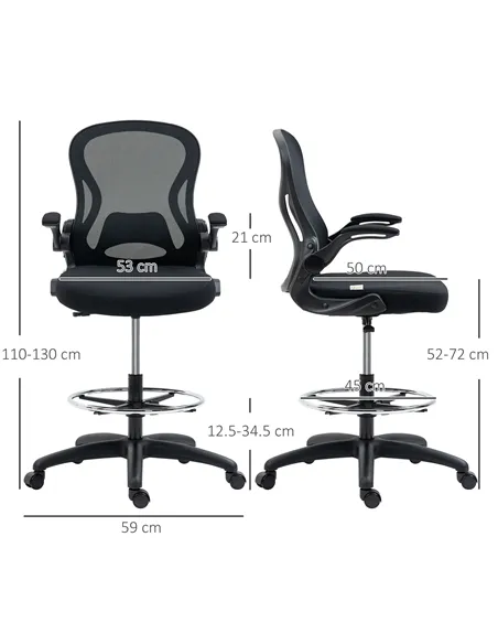 Vinsetto Adjustable Mesh Standing Desk Chair with Flip-up Armrests Lumbar Support Armrests Adjustable Footrest Ring Black