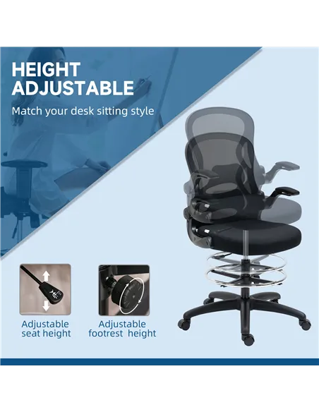 Vinsetto Adjustable Mesh Standing Desk Chair with Flip-up Armrests Lumbar Support Armrests Adjustable Footrest Ring Black
