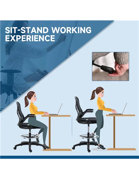 Vinsetto Adjustable Mesh Standing Desk Chair with Flip-up Armrests Lumbar Support Armrests Adjustable Footrest Ring Black