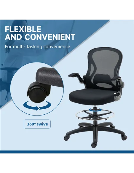 Vinsetto Adjustable Mesh Standing Desk Chair with Flip-up Armrests Lumbar Support Armrests Adjustable Footrest Ring Black