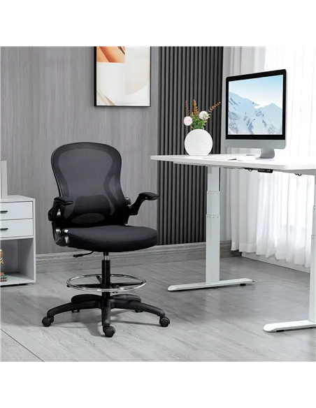 Vinsetto Adjustable Mesh Standing Desk Chair with Flip-up Armrests Lumbar Support Armrests Adjustable Footrest Ring Black