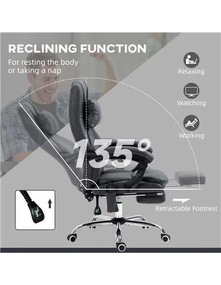 Vinsetto Office Chair with Lumbar Massage, 135° Reclining Computer Chair with Adjustable Headrest, Retractable Footrest, 10cm Do