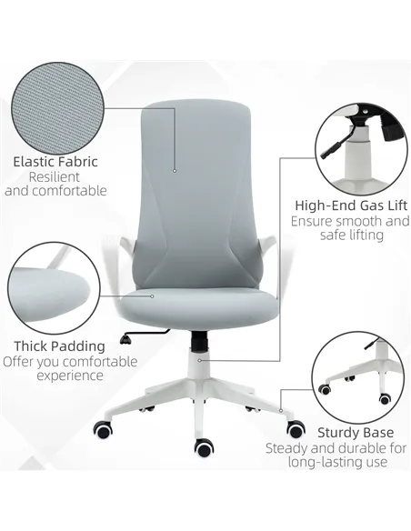 Vinsetto High Back Office Chair, Fabric Desk Chair with Armrests, Adjustable Height, Swivel Wheels, Light Grey