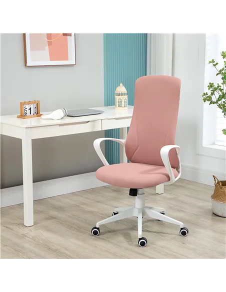 Vinsetto High Back Office Chair, Fabric Desk Chair with Armrests, Adjustable Height, Swivel Wheels, Pink