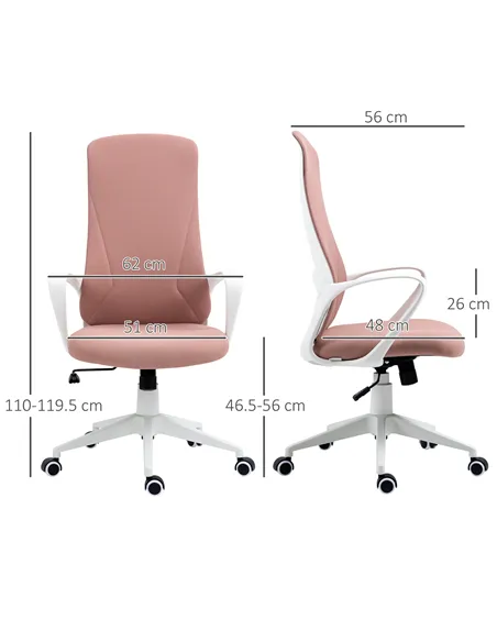 Vinsetto High Back Office Chair, Fabric Desk Chair with Armrests, Adjustable Height, Swivel Wheels, Pink