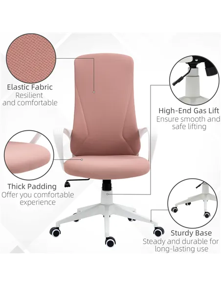 Vinsetto High Back Office Chair, Fabric Desk Chair with Armrests, Adjustable Height, Swivel Wheels, Pink