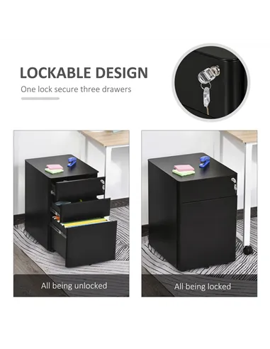 Vinsetto Lockable Cabinet, Rolling Filing Cabinet with 3 Drawers, Steel Office Drawer Unit for A4, Letter, Legal Sized Files