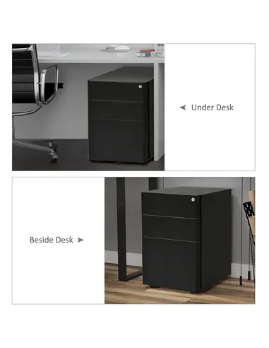 Vinsetto Lockable Cabinet, Rolling Filing Cabinet with 3 Drawers, Steel Office Drawer Unit for A4, Letter, Legal Sized Files
