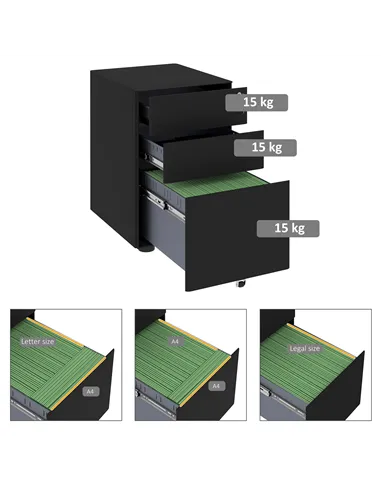 Vinsetto Lockable Cabinet, Rolling Filing Cabinet with 3 Drawers, Steel Office Drawer Unit for A4, Letter, Legal Sized Files