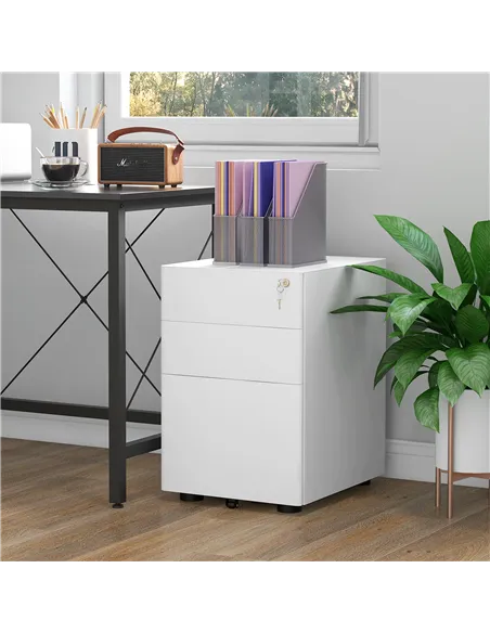 Vinsetto Lockable Cabinet, Rolling Filing Cabinet with 3 Drawers, Steel Office Drawer Unit for A4, Letter, Legal Sized Files