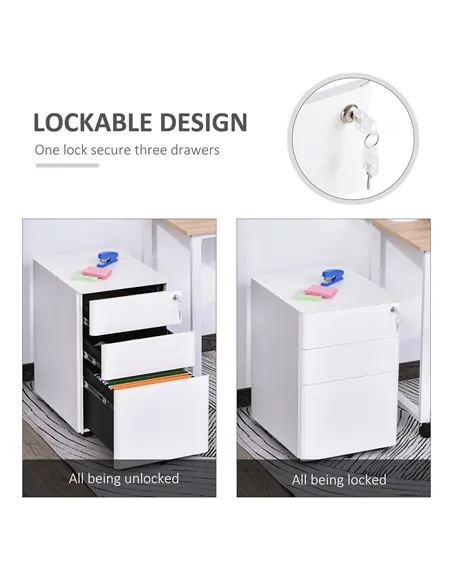 Vinsetto Lockable Cabinet, Rolling Filing Cabinet with 3 Drawers, Steel Office Drawer Unit for A4, Letter, Legal Sized Files