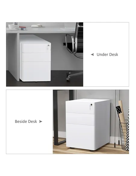 Vinsetto Lockable Cabinet, Rolling Filing Cabinet with 3 Drawers, Steel Office Drawer Unit for A4, Letter, Legal Sized Files