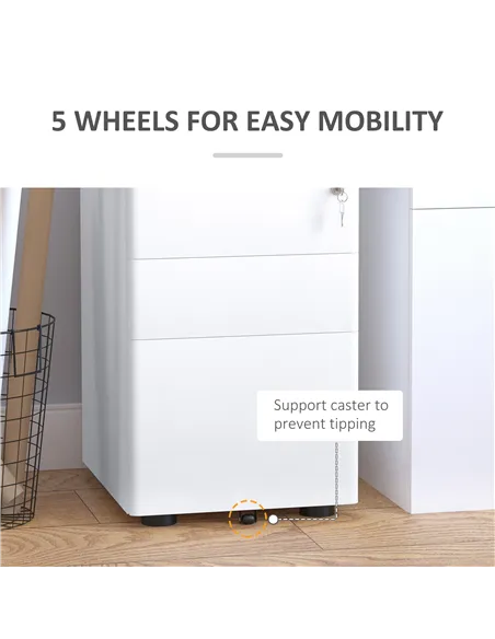 Vinsetto Lockable Cabinet, Rolling Filing Cabinet with 3 Drawers, Steel Office Drawer Unit for A4, Letter, Legal Sized Files