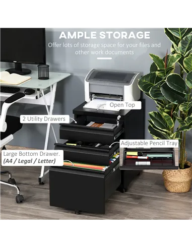 Vinsetto 3 Drawer Filling Cabinet, Mobile Metal File Cabinet with Anti-tilt Design for Letter, A4, Legal Size, Black