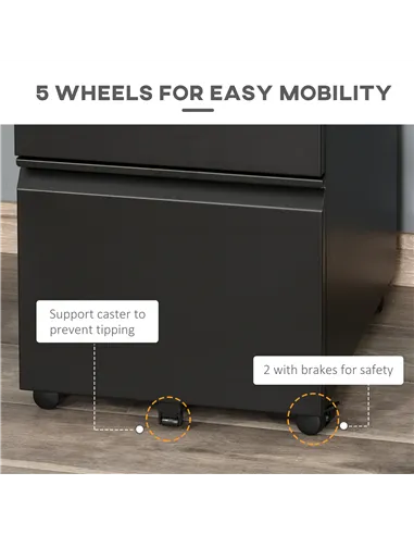 Vinsetto 3 Drawer Filling Cabinet, Mobile Metal File Cabinet with Anti-tilt Design for Letter, A4, Legal Size, Black