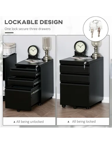 Vinsetto 3 Drawer Filling Cabinet, Mobile Metal File Cabinet with Anti-tilt Design for Letter, A4, Legal Size, Black