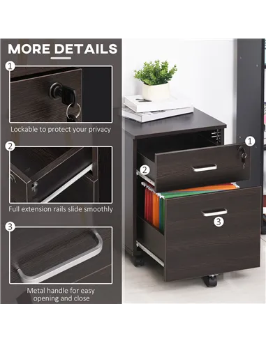 Vinsetto 2-Drawer Locking Office Filing Cabinet w/ 5 Wheels Rolling Storage Hanging A4 Cupboard Home Organisation Black Wood Gra