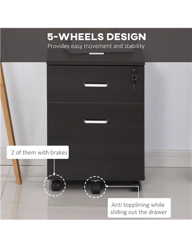 Vinsetto 2-Drawer Locking Office Filing Cabinet w/ 5 Wheels Rolling Storage Hanging A4 Cupboard Home Organisation Black Wood Gra