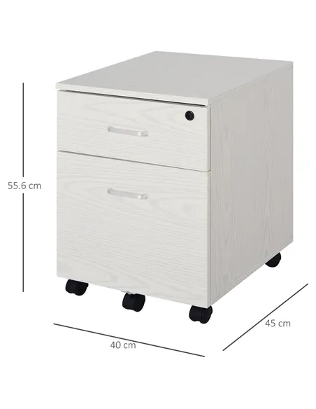 Vinsetto 2-Drawer Locking Office Filing Cabinet w/ 5 Wheels Rolling Storage Hanging A4 Cupboard Home Organisation White Wood Gra