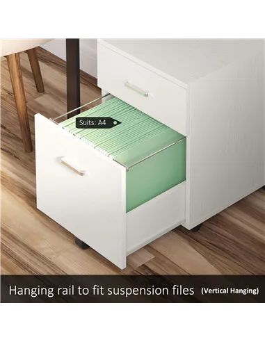 Vinsetto 2-Drawer Locking Office Filing Cabinet w/ 5 Wheels Rolling Storage Hanging A4 Cupboard Home Organisation White Wood Gra