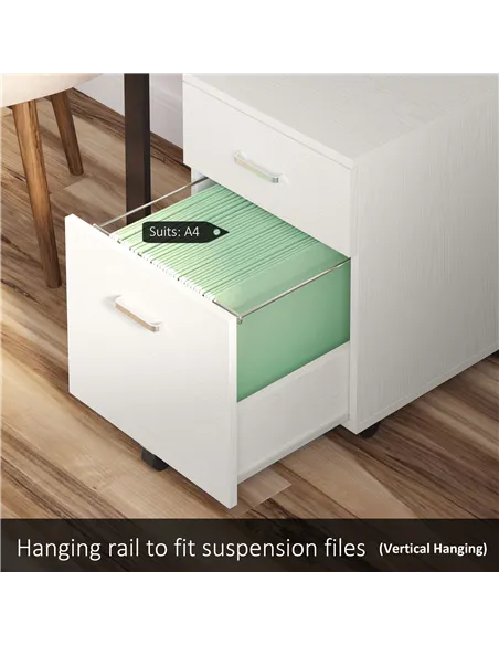 Vinsetto 2-Drawer Locking Office Filing Cabinet w/ 5 Wheels Rolling Storage Hanging A4 Cupboard Home Organisation White Wood Gra
