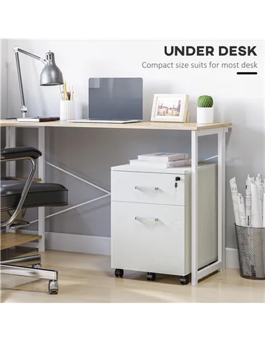 Vinsetto 2-Drawer Locking Office Filing Cabinet w/ 5 Wheels Rolling Storage Hanging A4 Cupboard Home Organisation White Wood Gra