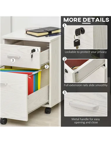 Vinsetto 2-Drawer Locking Office Filing Cabinet w/ 5 Wheels Rolling Storage Hanging A4 Cupboard Home Organisation White Wood Gra