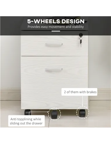 Vinsetto 2-Drawer Locking Office Filing Cabinet w/ 5 Wheels Rolling Storage Hanging A4 Cupboard Home Organisation White Wood Gra