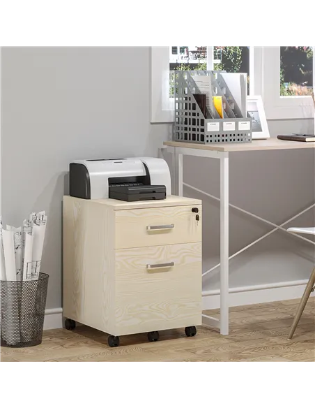 Vinsetto 2-Drawer Locking Office Filing Cabinet w/ 5 Wheels Rolling Storage Hanging A4 Cupboard Home Organisation, Oak Wood Grai