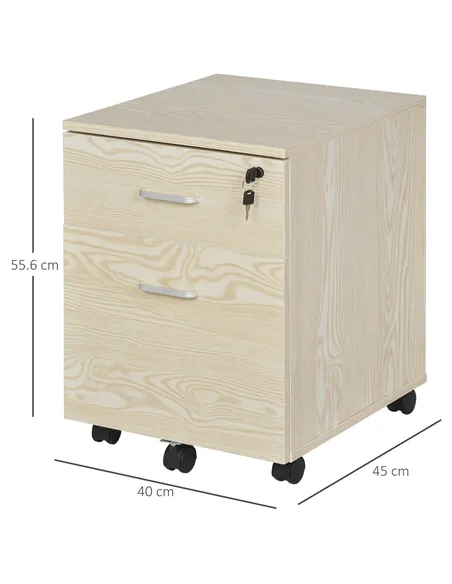 Vinsetto 2-Drawer Locking Office Filing Cabinet w/ 5 Wheels Rolling Storage Hanging A4 Cupboard Home Organisation, Oak Wood Grai