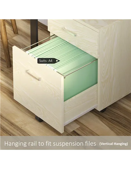 Vinsetto 2-Drawer Locking Office Filing Cabinet w/ 5 Wheels Rolling Storage Hanging A4 Cupboard Home Organisation, Oak Wood Grai